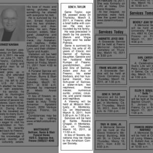 GENE TAYLOR Obituary in Fresno Bee March 10, 2011
