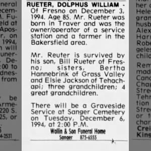 Obituary for DOLPHUS WILLIAM RUETER